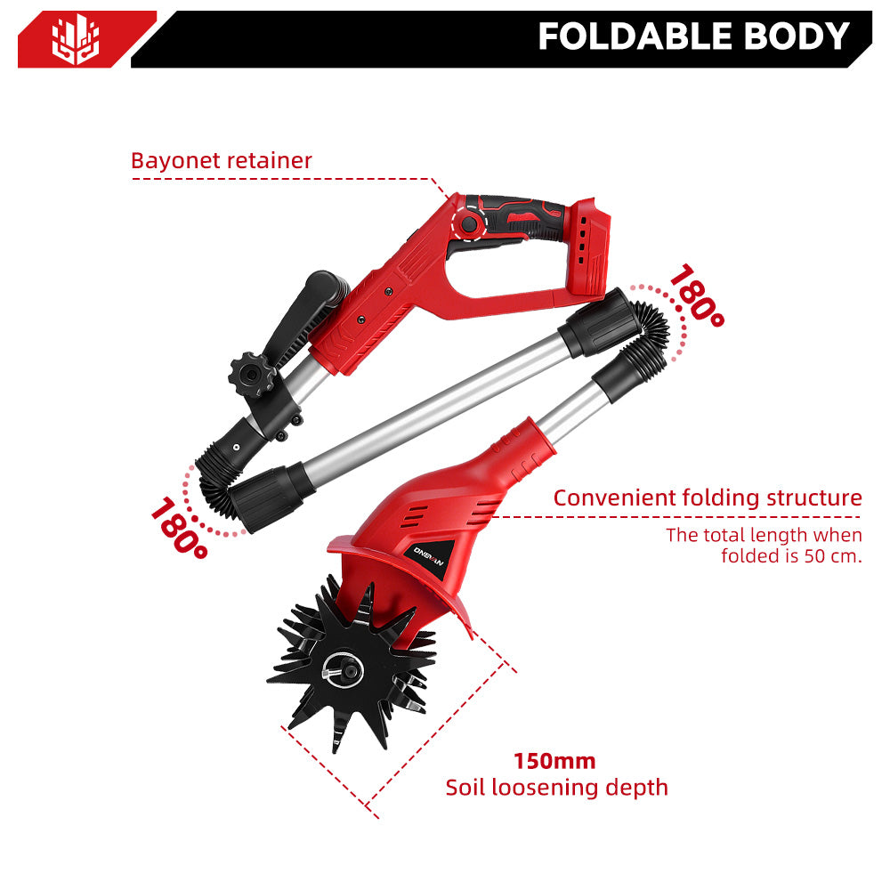 ONEVAN Cordless Brushless Tiller – 3-Fold Design | Dual Blades | LED Display | For Makita 18V Battery