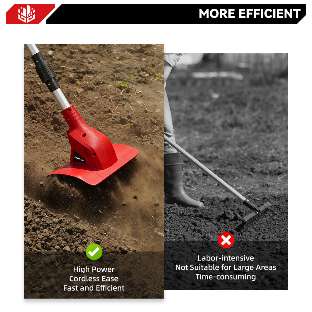 ONEVAN Cordless Brushless Tiller – 3-Fold Design | Dual Blades | LED Display | For Makita 18V Battery