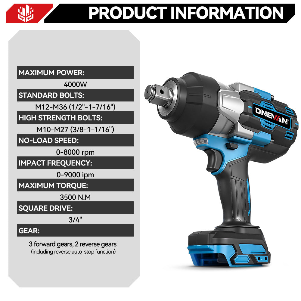ONEVAN 3/4" 3500N·m Impact Wrench & 10000PSL Grease Gun Brushless Cordless 2‑Pc. Combo Kit 3.0Ah