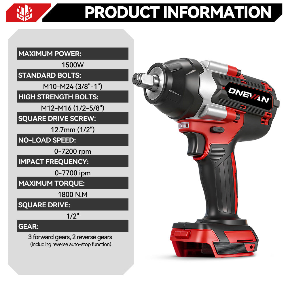 ONEVAN 1/2" 1200N·m & 1800N·m & 2800N·m Impact Wrench Brushless Cordless 3-Pc. Combo Kit 3.0Ah