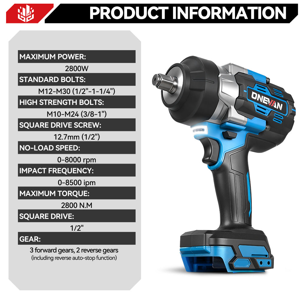 Chave de impacto elétrica sem escova ONEVAN 1/2" 1200N.m | Para bateria Makita 18V