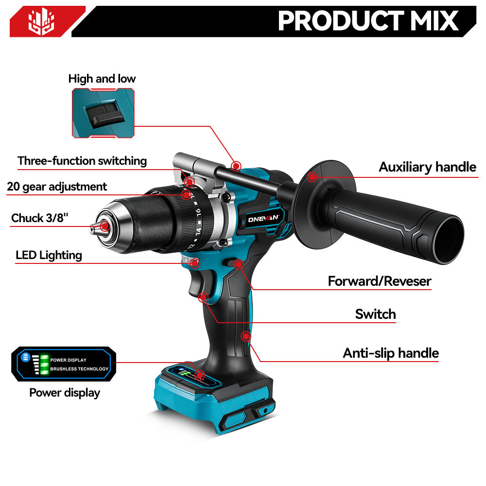 ONEVAN 140N·m 13mm Brushless Cordless Drill 20+3 Torque | For Makita 18V Battery