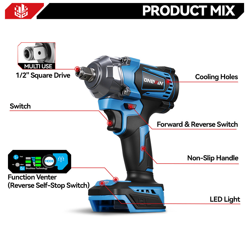 Llave de impacto inalámbrica sin escobillas de 1/2" 1200 N·m, 1/2" 1800 N·m y 3/4" 3100 N·m, kit combinado de 3 piezas de 6,0 Ah de ONEVAN