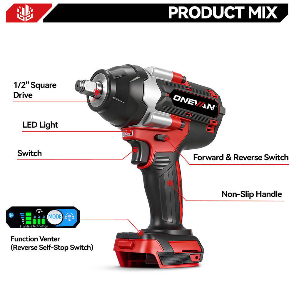 ONEVAN 1/2" 1200N·m & 1800N·m & 2800N·m Impact Wrench Brushless Cordless 3-Pc. Combo Kit 3.0Ah