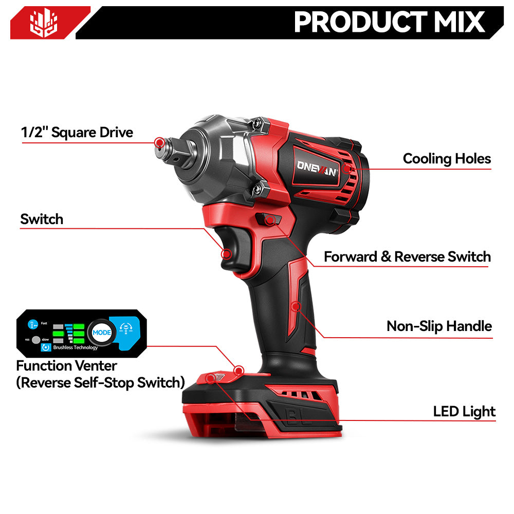 ONEVAN 1/2" 1200N·m & 1800N·m & 2800N·m Impact Wrench Brushless Cordless 3-Pc. Combo Kit 3.0Ah