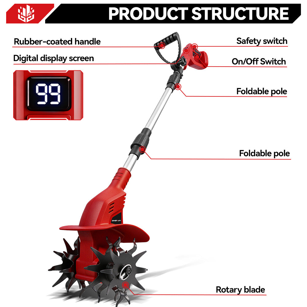 ONEVAN Cordless Brushless Tiller – 3-Fold Design | Dual Blades | LED Display | For Makita 18V Battery