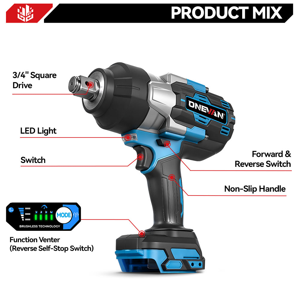 ONEVAN 3/4" 3500N·m Impact Wrench & 10000PSL Grease Gun Brushless Cordless 2‑Pc. Combo Kit 3.0Ah
