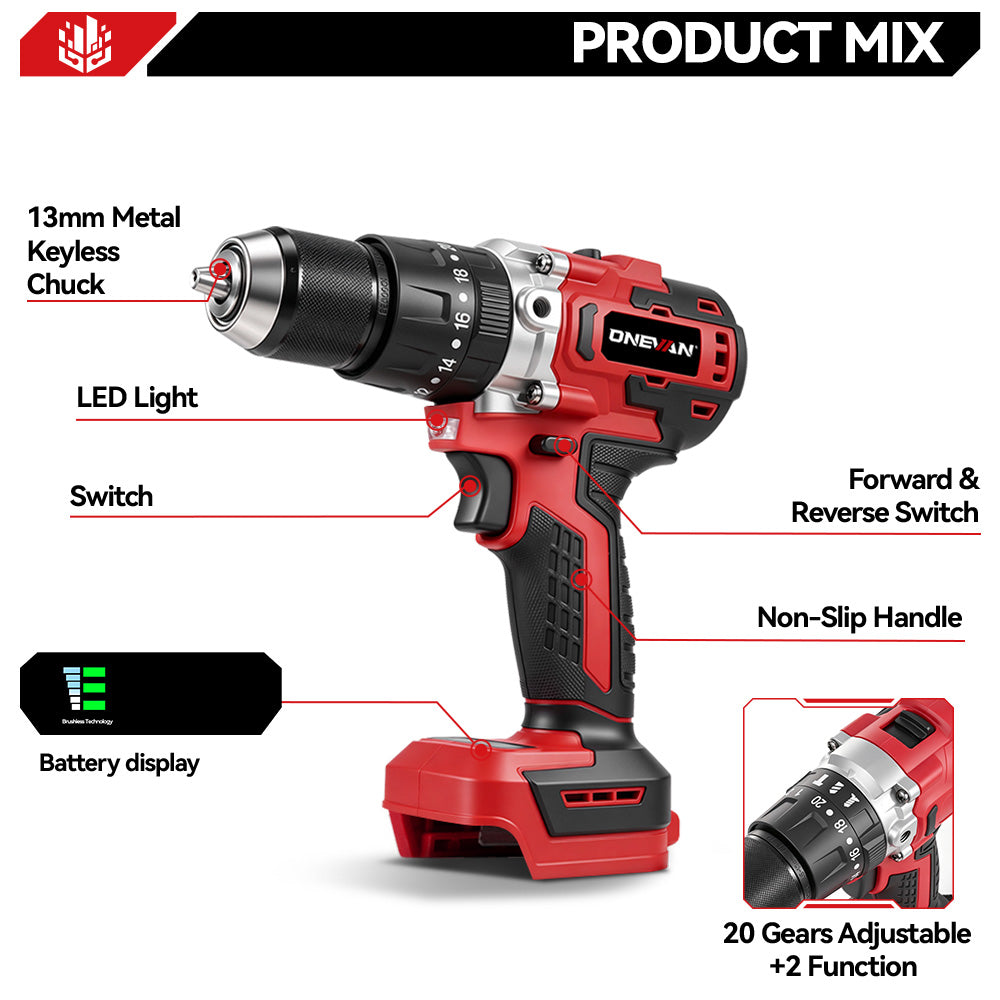 ONEVAN 13mm Brushless Impact Drill Kit with Auxiliary Handle, Anti-Kickback, 2-Speed & 20+1 Clutch Settings