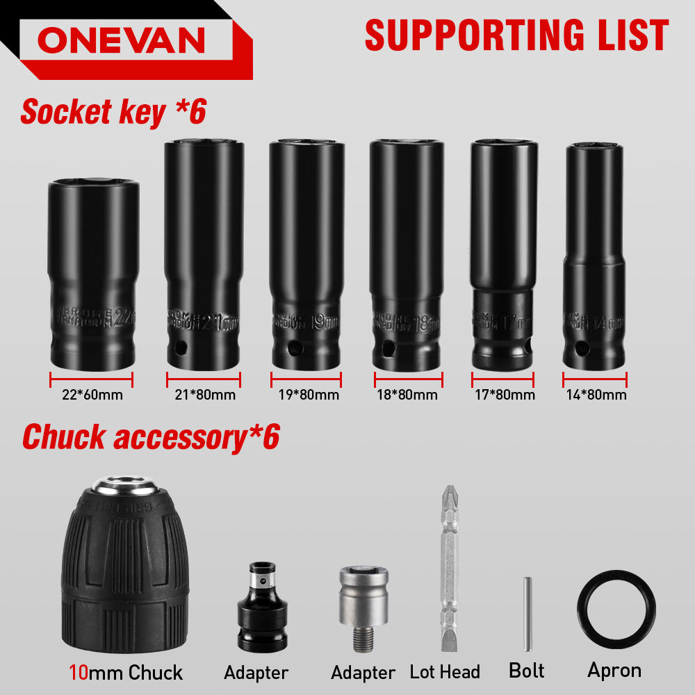 ONEVAN 12-teiliges Set elektrischer Schlagschrauber mit Sechskant-Steckschlüsseladapter