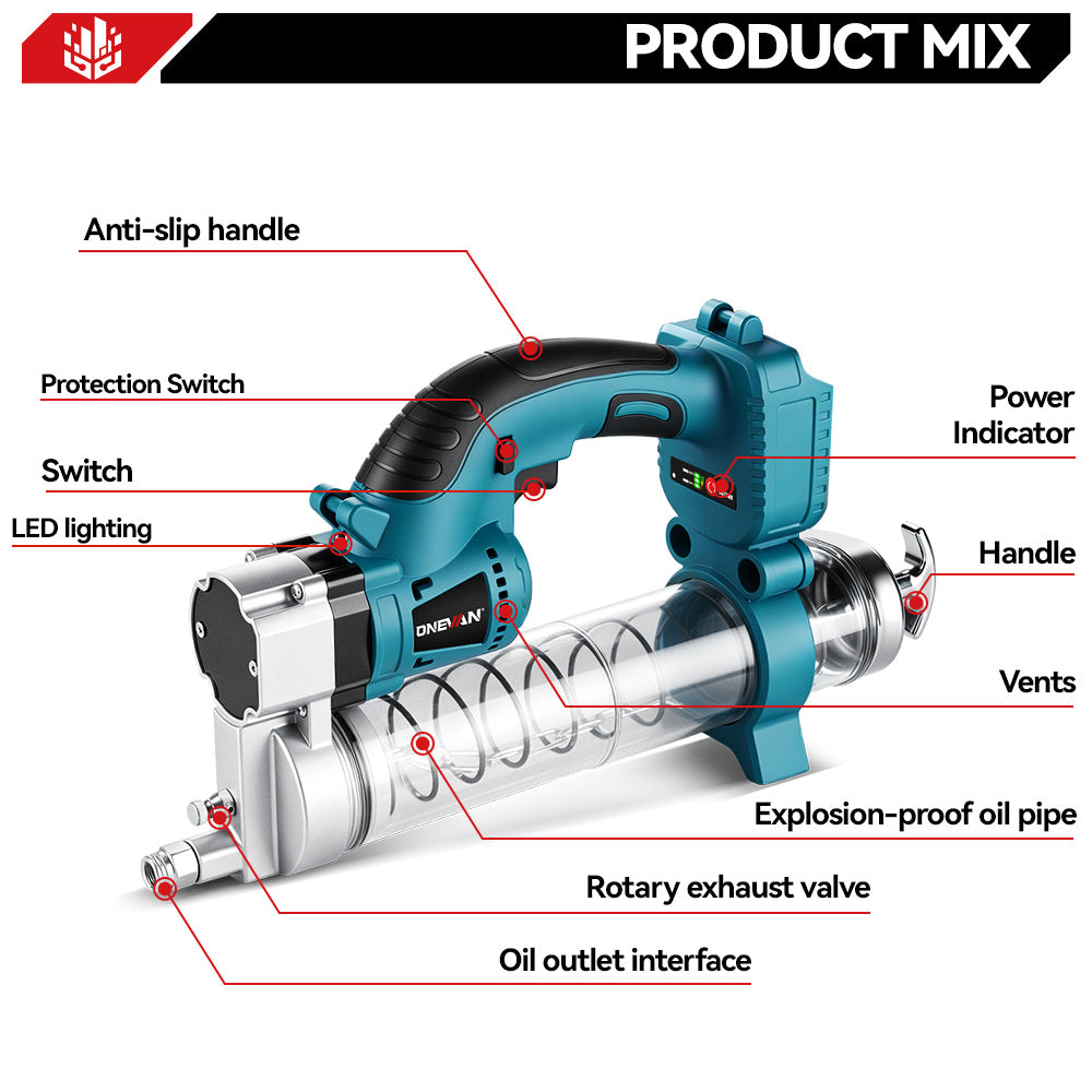 ONEVAN 10000PSL Cordless Electric High-Pressure Car Grease Gun | For Makita 18V Battery