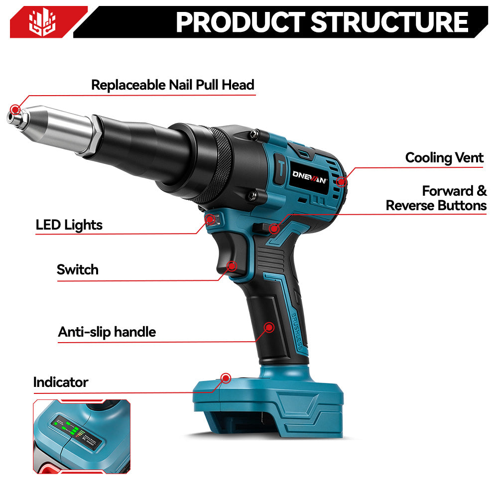 ONEVAN 2.4–4.8mm Cordless Rivet Gun Tool | For Makita 18V Battery