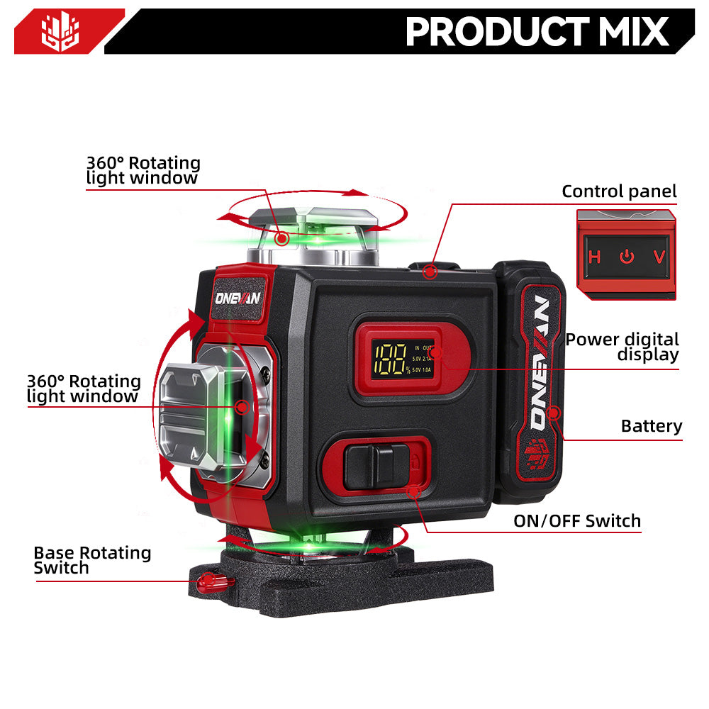ONEVAN LK-822 16-Line 4D Laser Level | Digital Display | Rotatable Window & Base