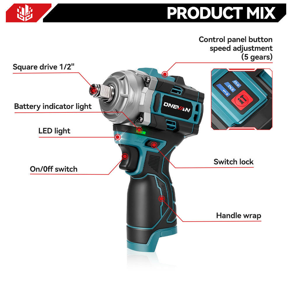 Llave de impacto inalámbrica ONEVAN de 16,8 V, 1/2", 290 N·m, sin escobillas, con 2 baterías y cargador
