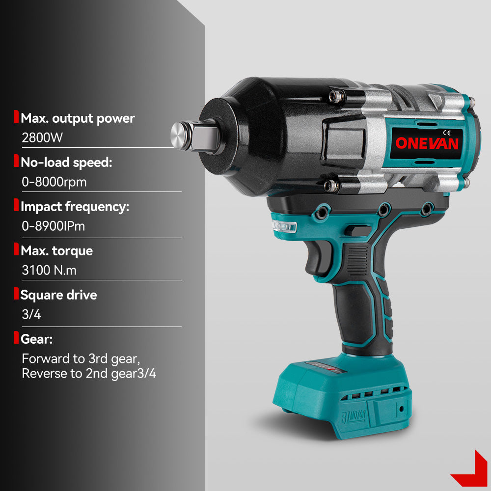 Llave de impacto inalámbrica sin escobillas de 1/2" 1200 N·m, 1/2" 1800 N·m y 3/4" 3100 N·m, kit combinado de 3 piezas de 6,0 Ah de ONEVAN