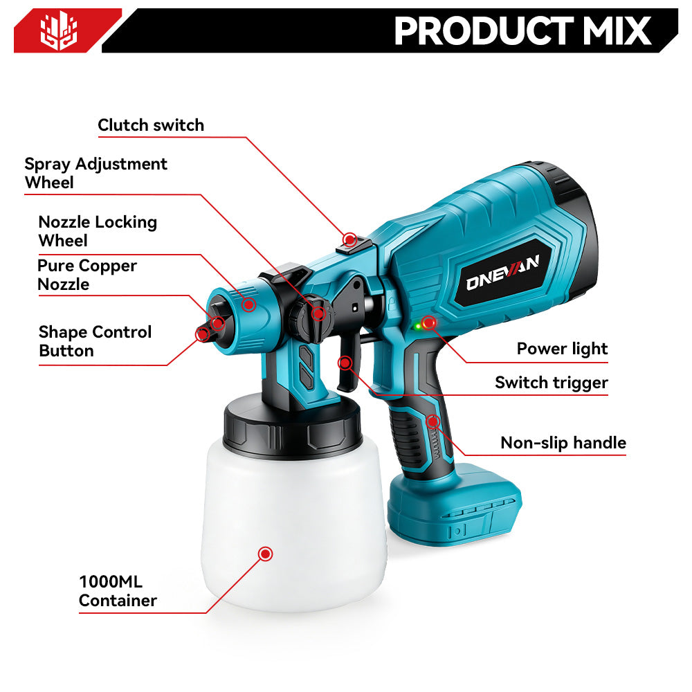 ONEVAN 1000ML Electric Cordless Paint Spray Gun | For Makita 18V Battery