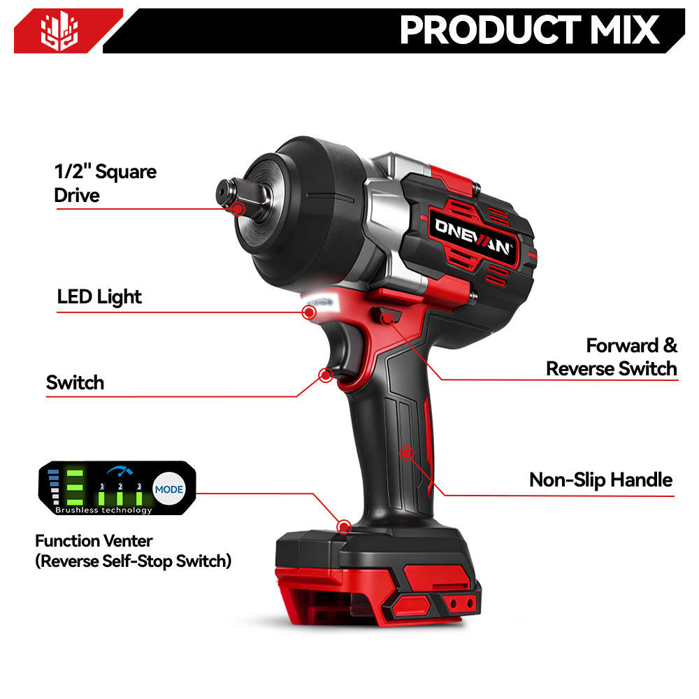 ONEVAN 1/2" 1200N·m & 1800N·m & 2800N·m Impact Wrench Brushless Cordless 3-Pc. Combo Kit 3.0Ah