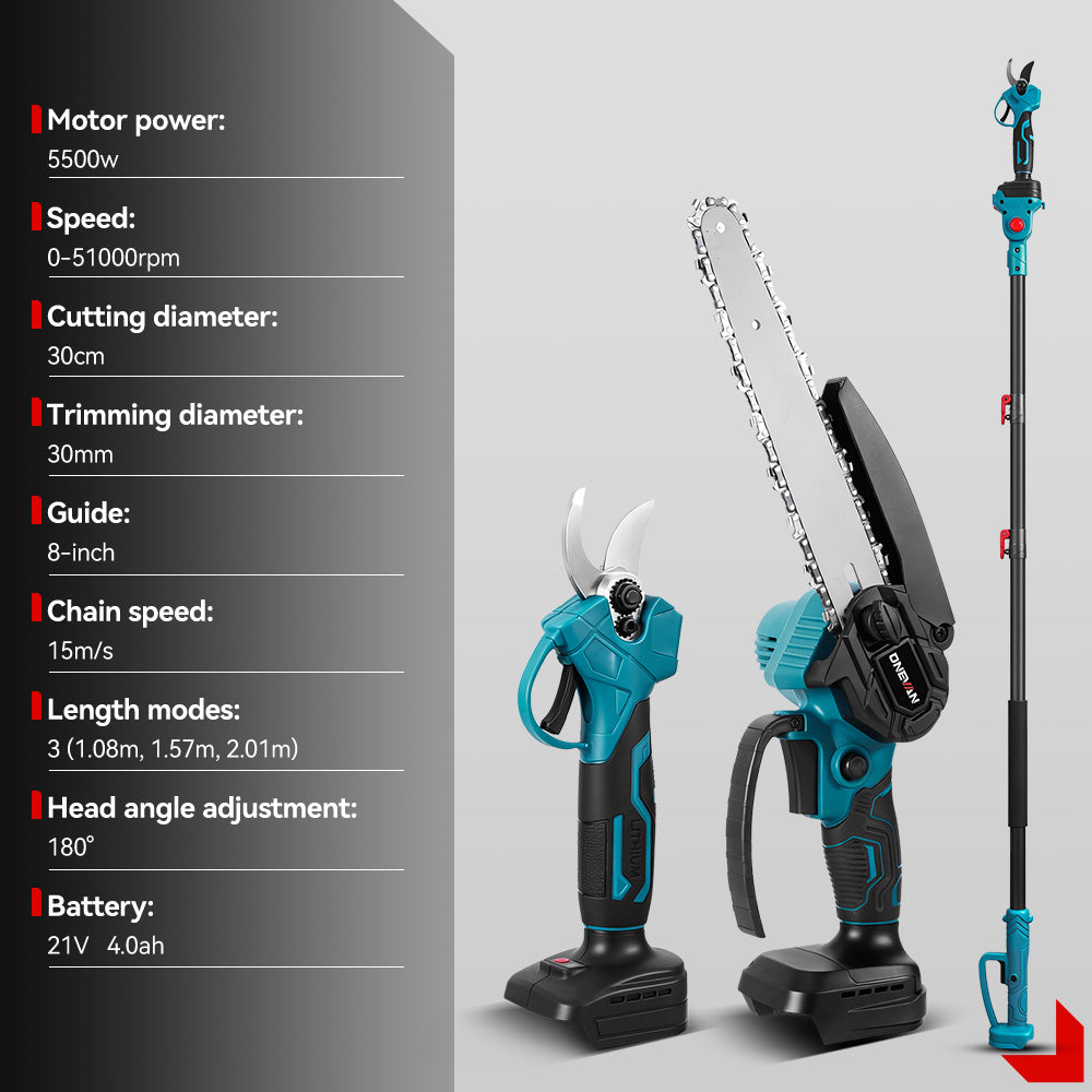 ONEVAN 8" Chainsaw & 25mm Pruner with 2m Telescoping Pole Brushless Cordless Combo Kit