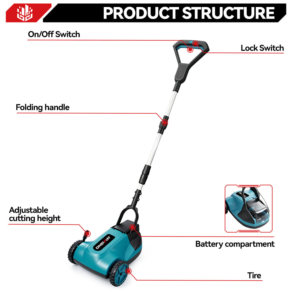 ONEVAN 21 cm Akku-Rasenmäher (bürstenlos) | 3 Schnitthöhenverstellung | Für Makita 18V Akku
