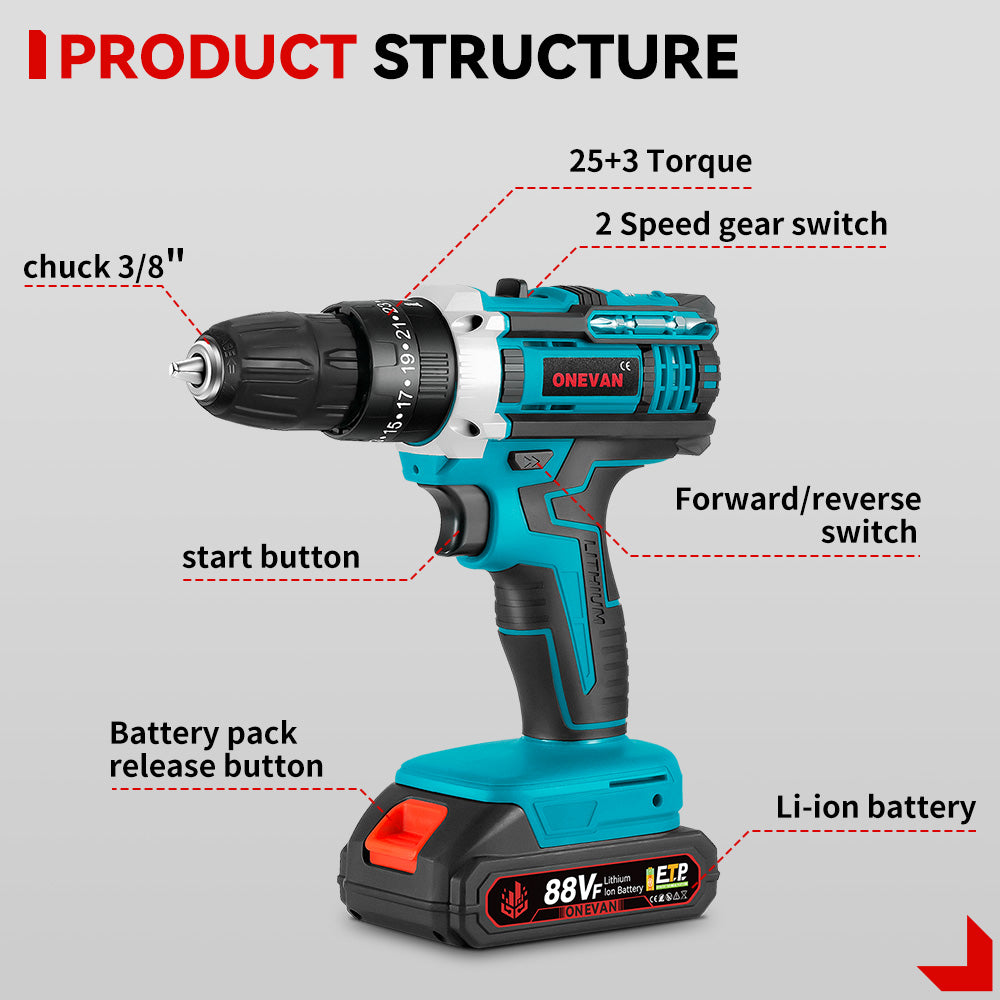 ONEVAN 10mm Cordless Impact Drill Electric Screwdriver Set With 24 Accessories | For Makita 18V Battery