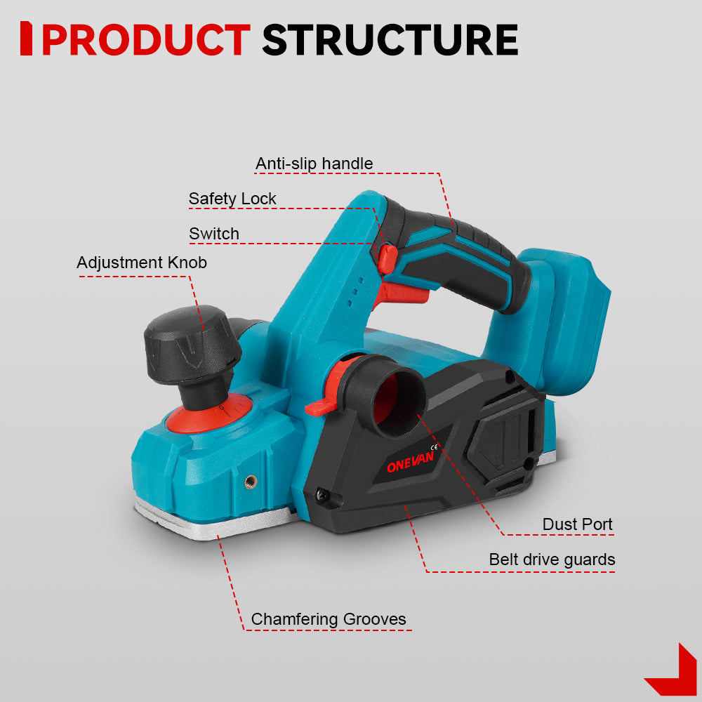 ONEVAN Cordless Electric Planer Dual Dust Ports | For Makita 18V Battery