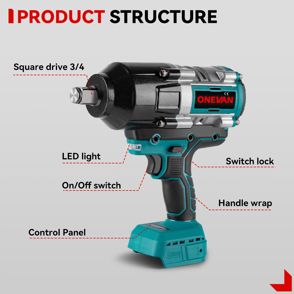 Llave de impacto inalámbrica sin escobillas de 1/2" 1200 N·m, 1/2" 1800 N·m y 3/4" 3100 N·m, kit combinado de 3 piezas de 6,0 Ah de ONEVAN