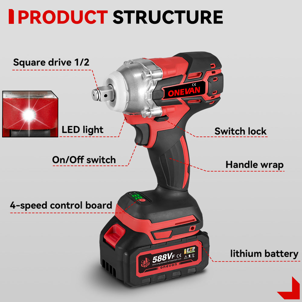 ONEVAN 1/2" 520N·m Cordless Impact Wrench (Includes 12 Accessories) | For Makita 18V Battery