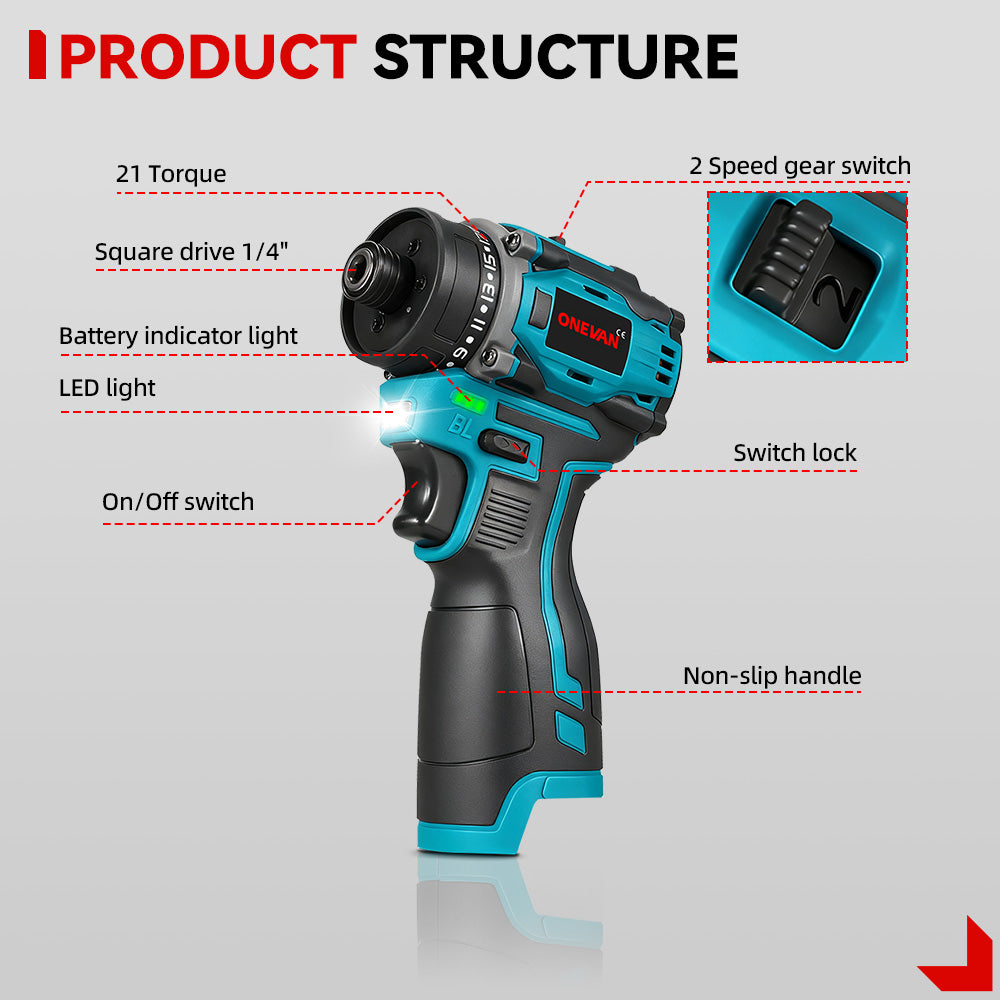 ONEVAN 16.8V Cordless Brushless Screwdriver Kit, 21+2 Torque Settings, 14-Piece Accessory Set