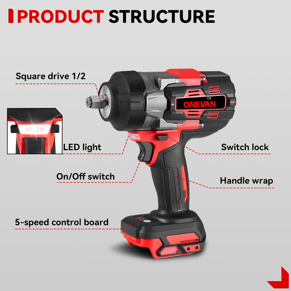 ONEVAN Chave de Impacto Sem Fio 1/2" 2800N·m com Escova (Atualização da Bateria 928VF – Maior Duração) | Compatível com Baterias Makita 18V