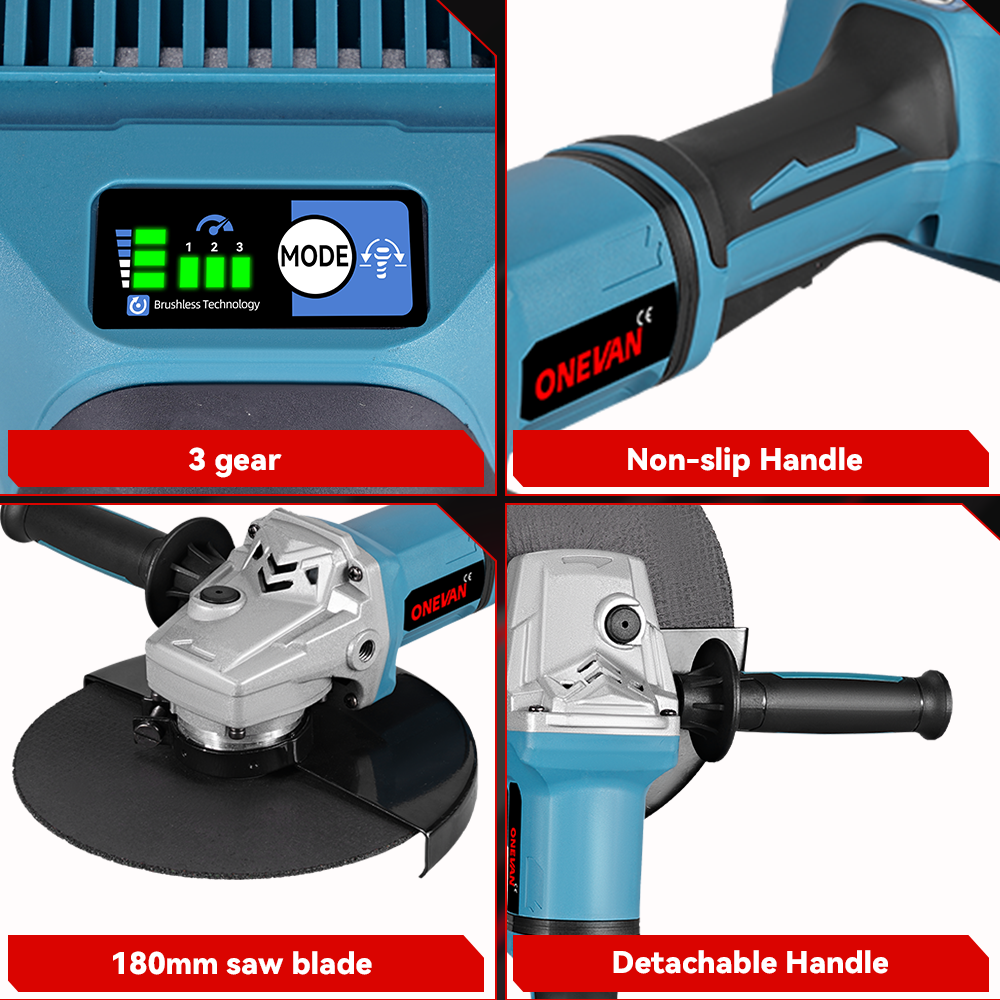 ONEVAN 180mm Brushless Cordless Angle Grinder 3 Gears | For Makita 21V Battery