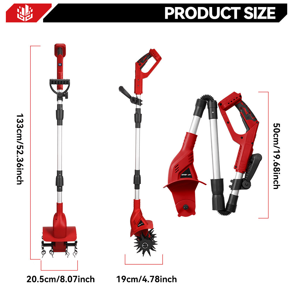 ONEVAN Cordless Brushless Tiller – 3-Fold Design | Dual Blades | LED Display | For Makita 18V Battery