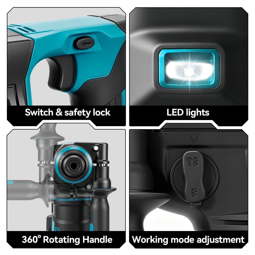 Taladro percutor rotativo sin escobillas ONEVAN de 24 mm - Perforación de hormigón y madera | Para batería Makita de 18 V
