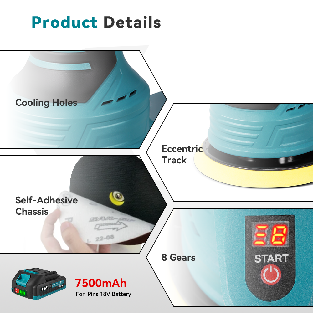 Pulidora de coche inalámbrica ONEVAN de 150 mm y 8 velocidades | Para batería Makita de 18 V