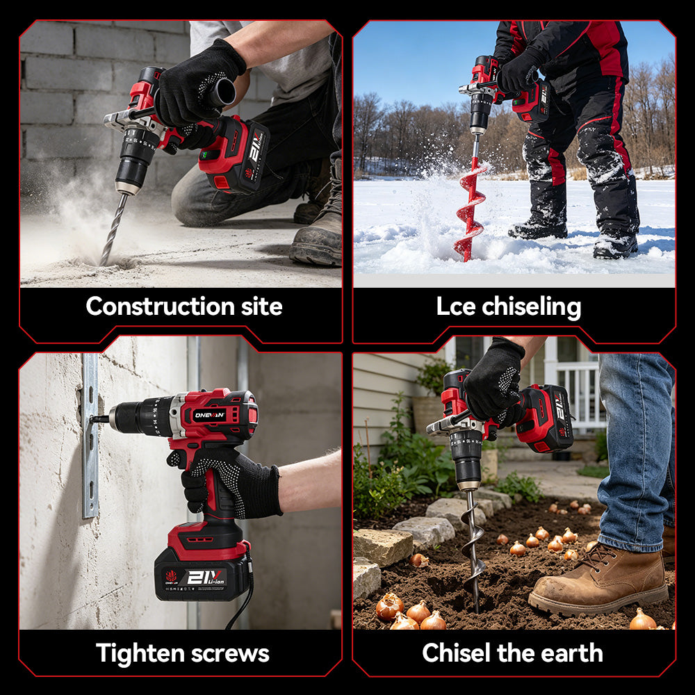 ONEVAN 13mm Brushless Impact Drill Kit with Auxiliary Handle, Anti-Kickback, 2-Speed & 20+1 Clutch Settings