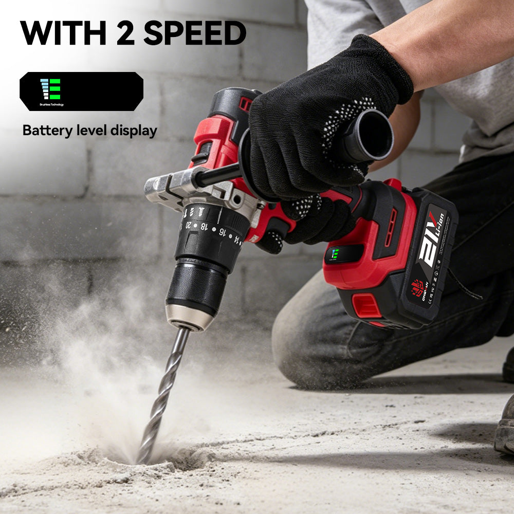 ONEVAN 13mm Brushless Impact Drill Kit with Auxiliary Handle, Anti-Kickback, 2-Speed & 20+1 Clutch Settings