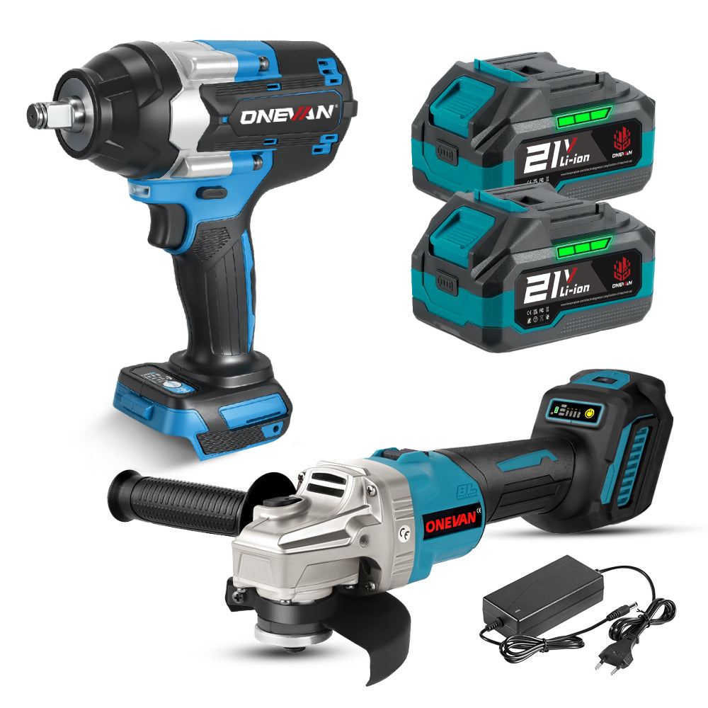 ONEVAN 1/2" 1800N·m Impact Wrench & 125mm Grinder Brushless Cordless 2‑Pc. Combo Kit 6.0Ah