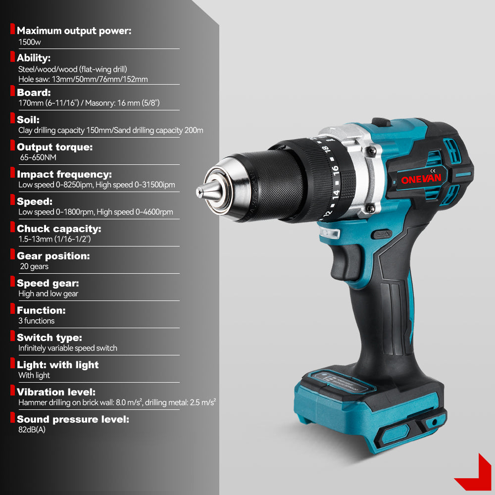 ONEVAN 1/2" 1200N·m Impact Wrench & 125mm Grinder & 13mm Drill Brushless Cordless 3‑Pc. Combo Kit 6.0Ah