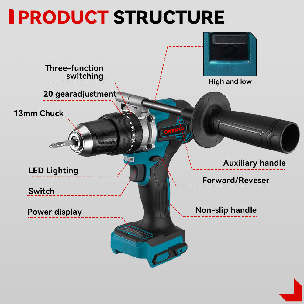 ONEVAN 1/2" 1200N·m Impact Wrench & 125mm Grinder & 13mm Drill Brushless Cordless 3‑Pc. Combo Kit 6.0Ah