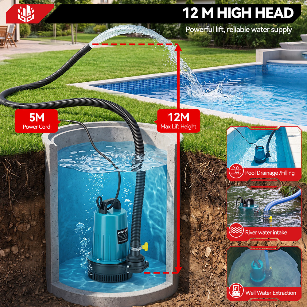 ONEVAN Akku-Tauchwasserpumpe, max. Förderhöhe 12 m | Für Makita 18V-Akkus