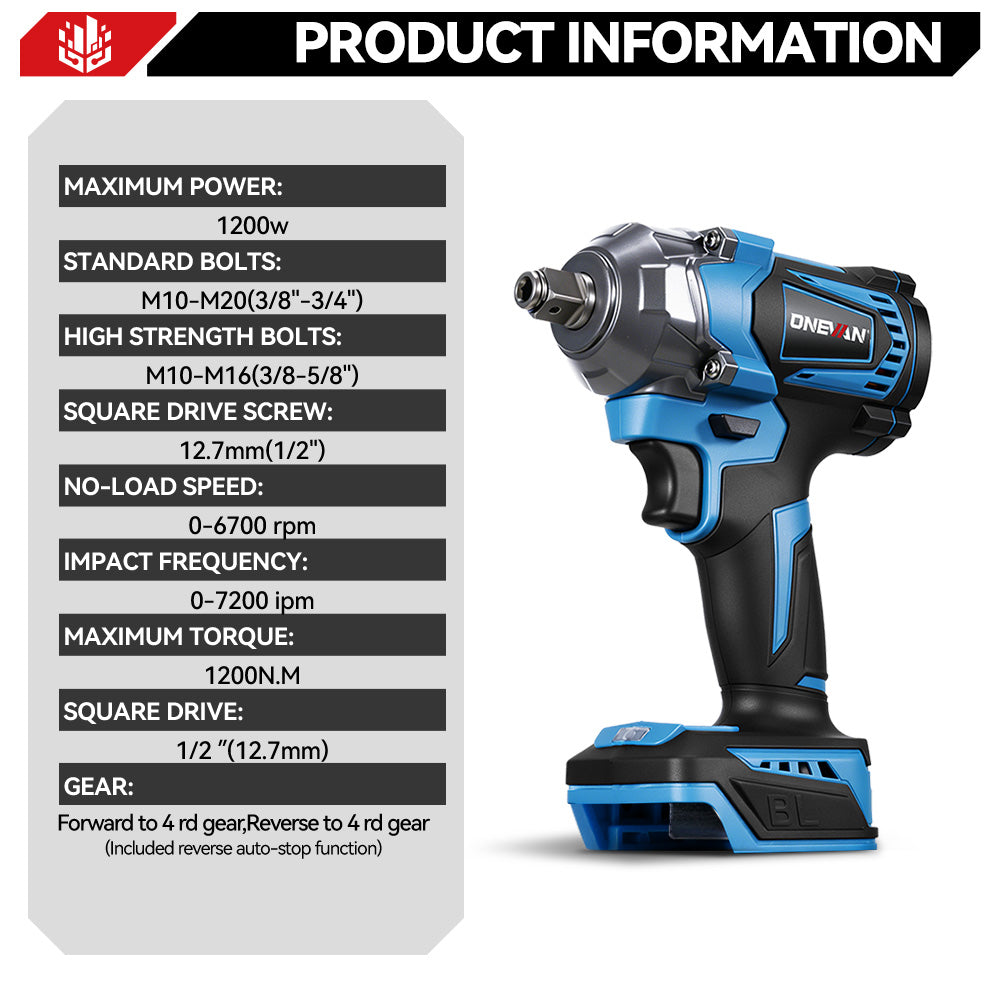 ONEVAN Brushless 1200N·m Impact Wrench & 125mm Angle Grinder Combo Kit, 2 Batteries & 12 Sockets