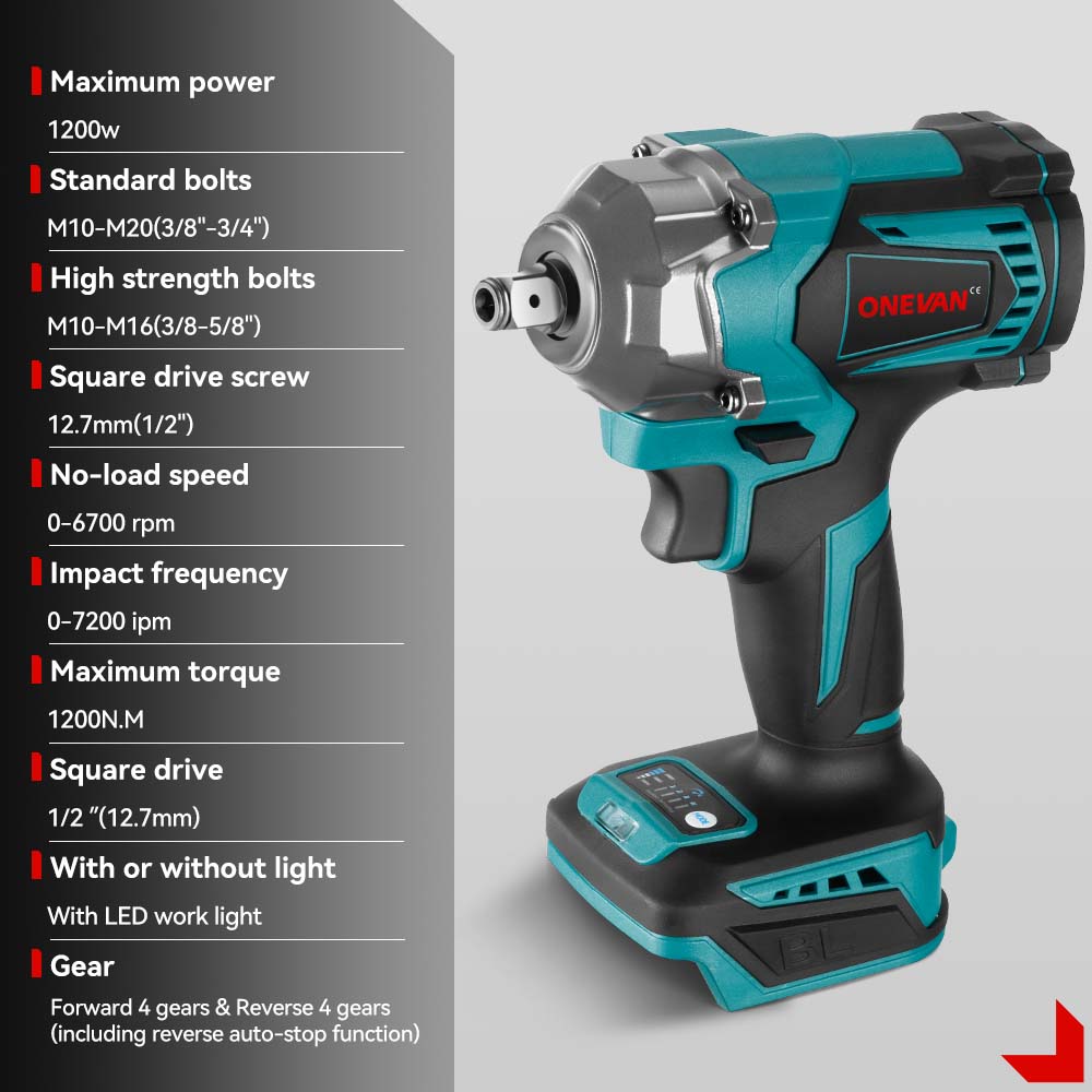 ONEVAN 1/2" 1200N·m Impact Wrench & 125mm Grinder & 13mm Drill Brushless Cordless 3‑Pc. Combo Kit 6.0Ah
