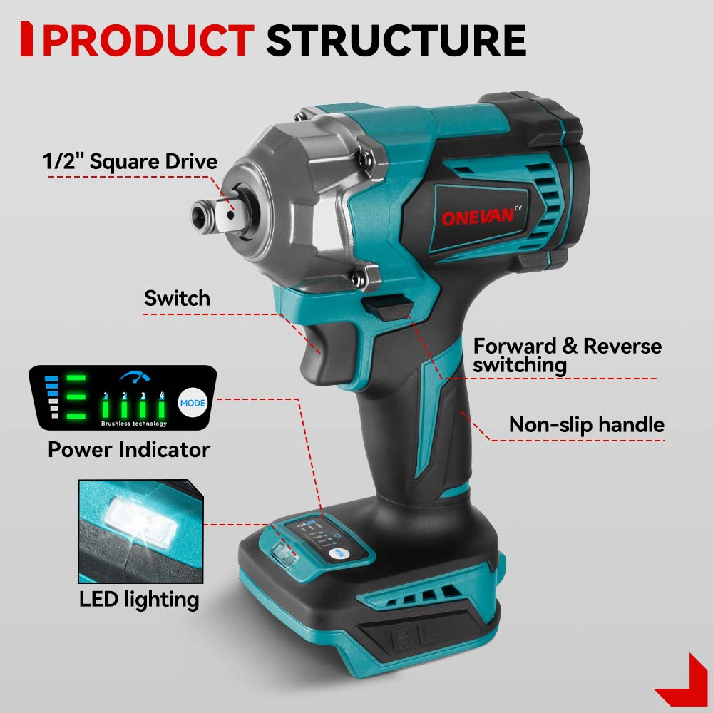 ONEVAN 1/2" 1200N·m Impact Wrench & 125mm Grinder & 13mm Drill Brushless Cordless 3‑Pc. Combo Kit 6.0Ah