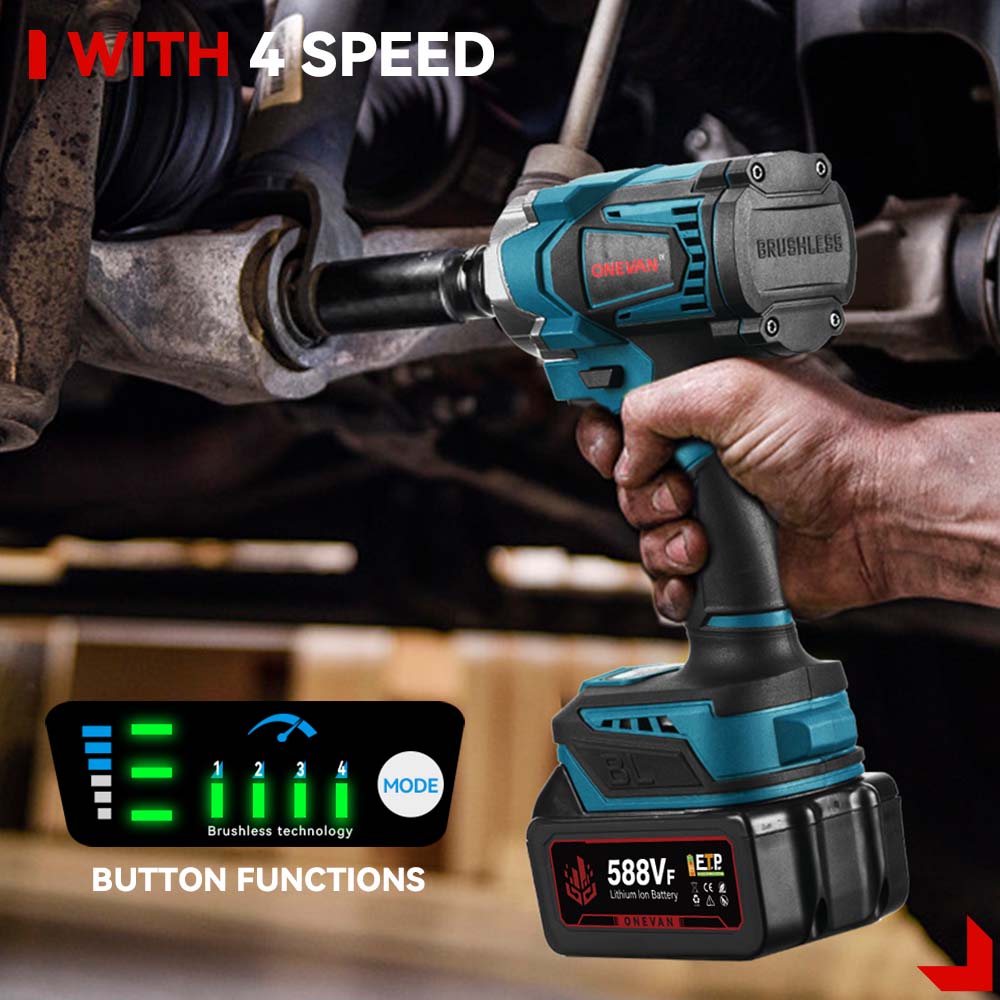 ONEVAN 1/2" 1200N·m Brushless Cordless Impact Wrench With 19-Piece Drill Accessory Kit & 2 Batteries