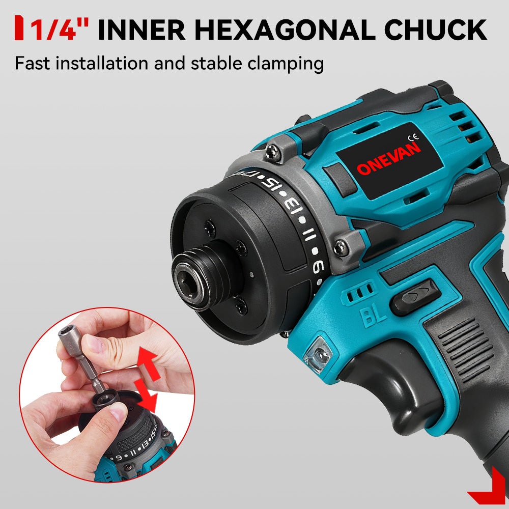 ONEVAN 16.8V Cordless Brushless Screwdriver Kit, 21+2 Torque Settings, 14-Piece Accessory Set