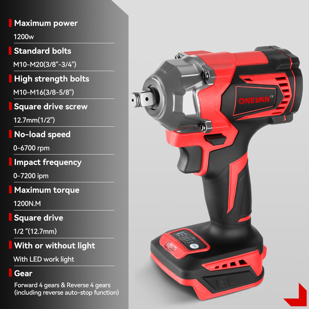ONEVAN 1/2" 1200N·m Brushless Cordless Impact Wrench Set – 44-Piece Kit | For Makita 18V Battery