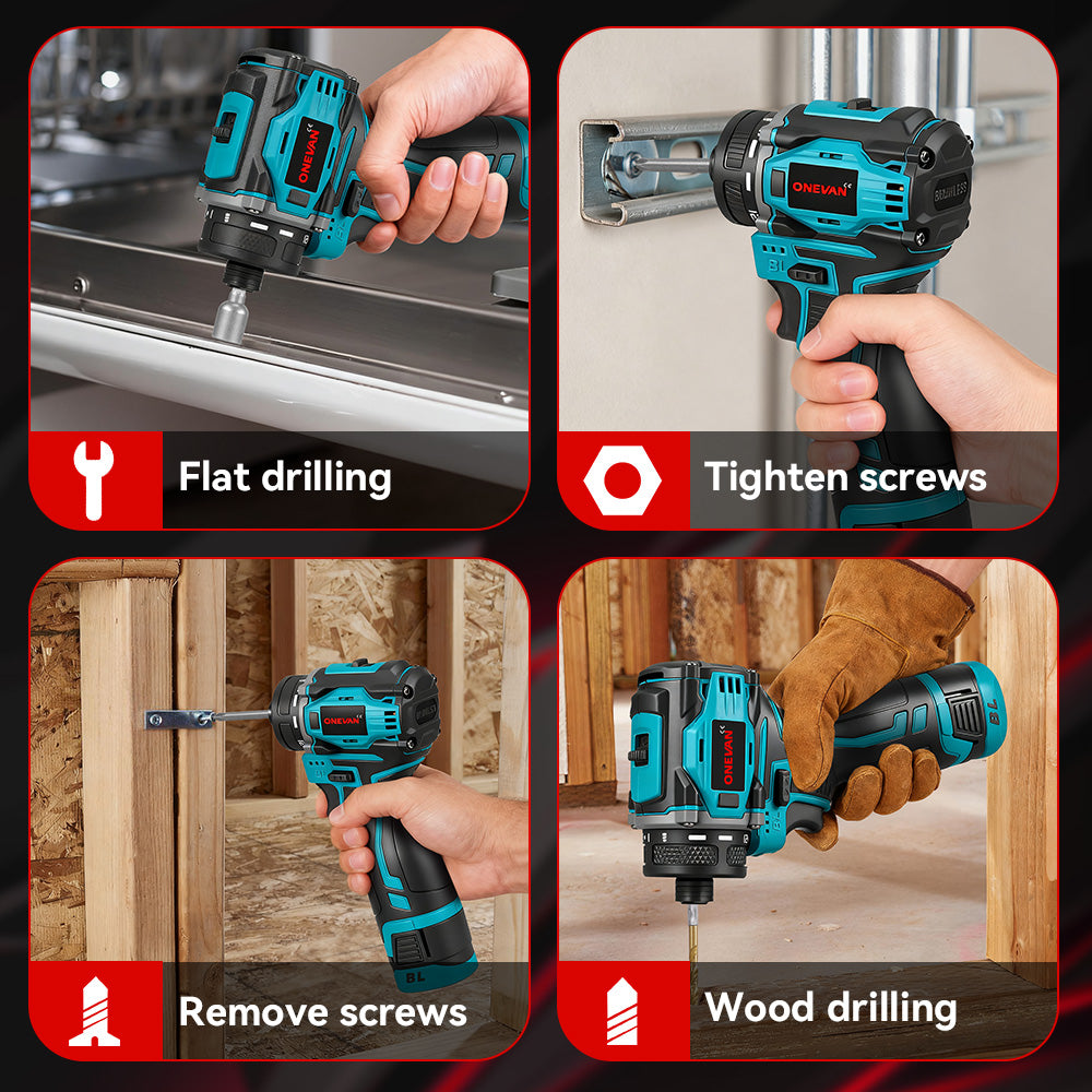 ONEVAN 16.8V Cordless Brushless Screwdriver Kit, 21+2 Torque Settings, 14-Piece Accessory Set