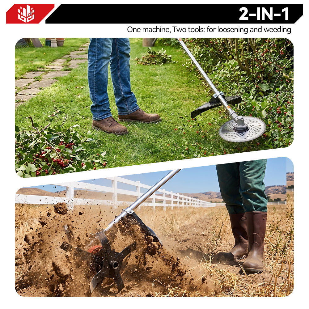 ONEVAN Cultivador y cortadora de césped inalámbricos sin escobillas 2 en 1 | Ancho de labranza de 23 cm