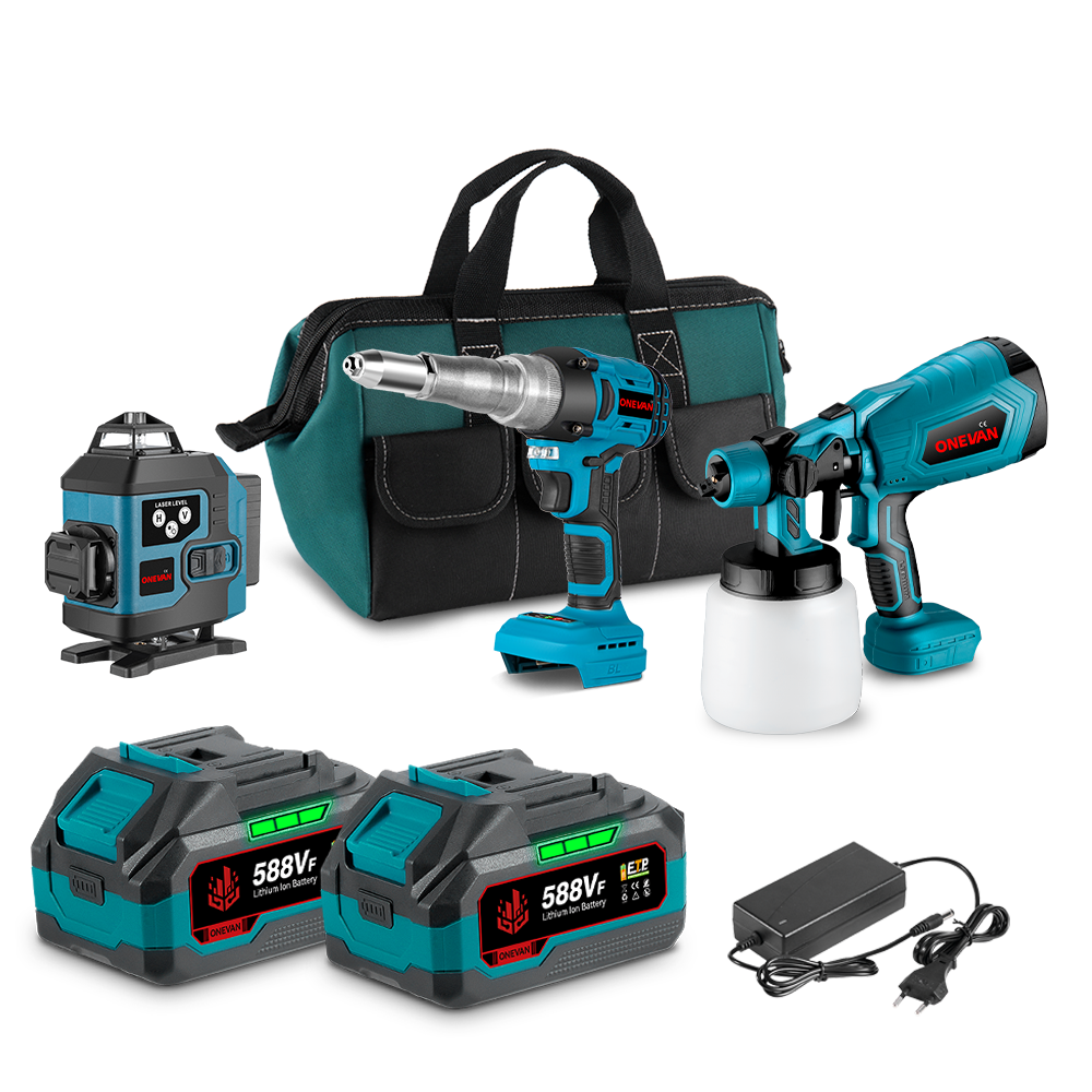 ONEVAN Paint Spray Gun & Green Laser Level & Electric Rivet Gun Brushless Cordless 3‑Pc. Combo Kit 6.0Ah