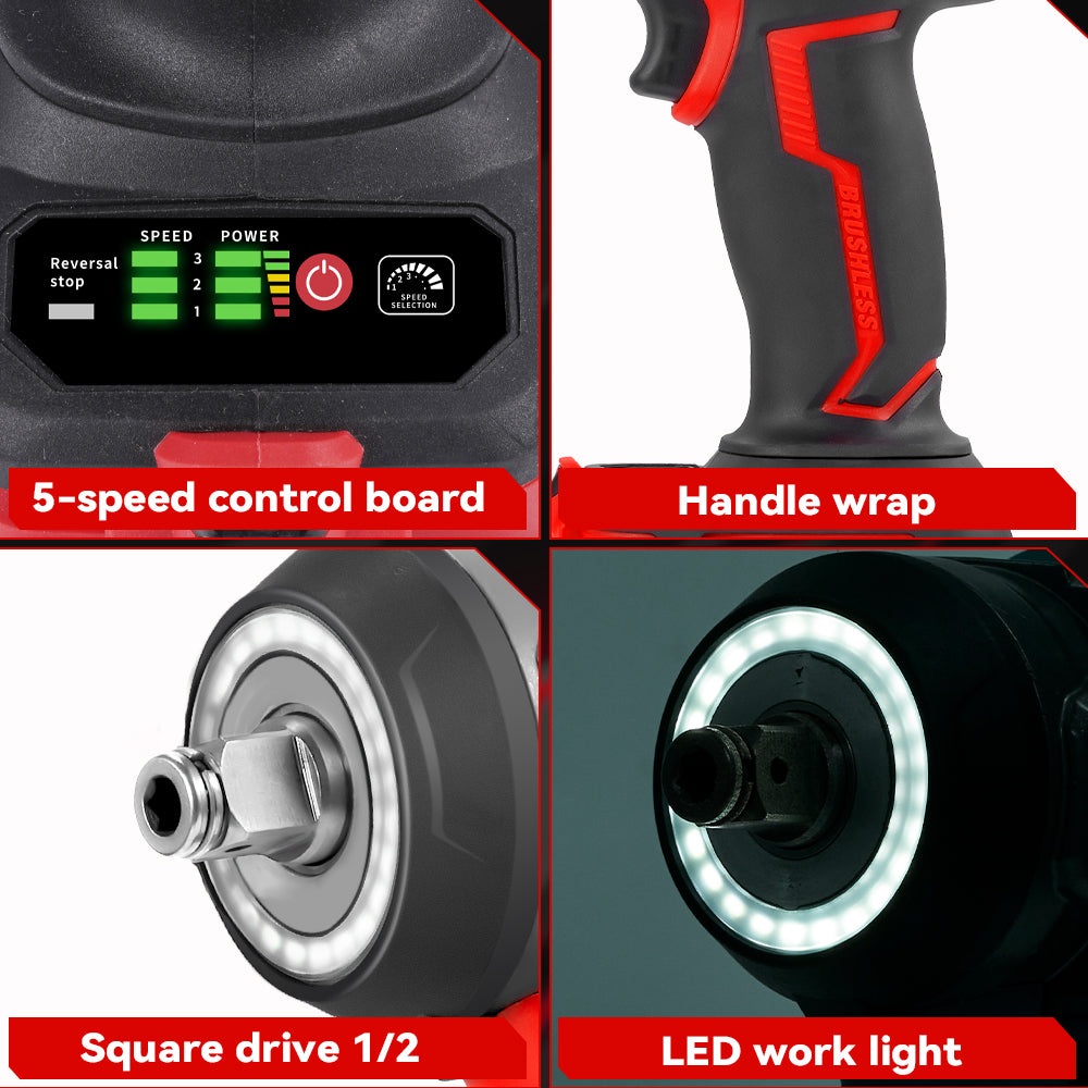 ONEVAN 1/2" 1200N·m Brushless Cordless Impact Wrench With 2 Batteries & 12-Piece Socket Set