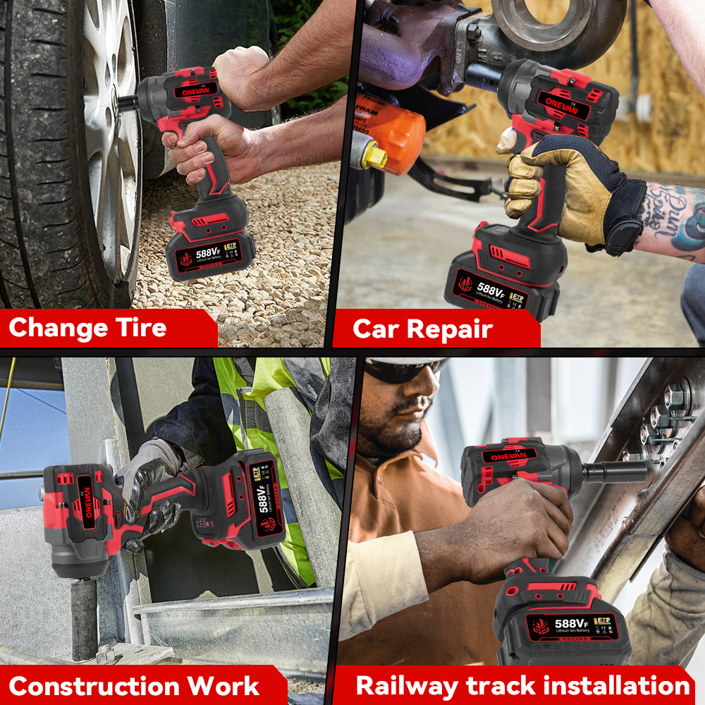 ONEVAN 1/2" 1200N·m Brushless Cordless Impact Wrench With 2 Batteries & 12-Piece Socket Set