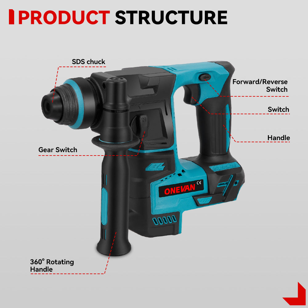 Taladro percutor rotativo sin escobillas ONEVAN de 24 mm - Perforación de hormigón y madera | Para batería Makita de 18 V